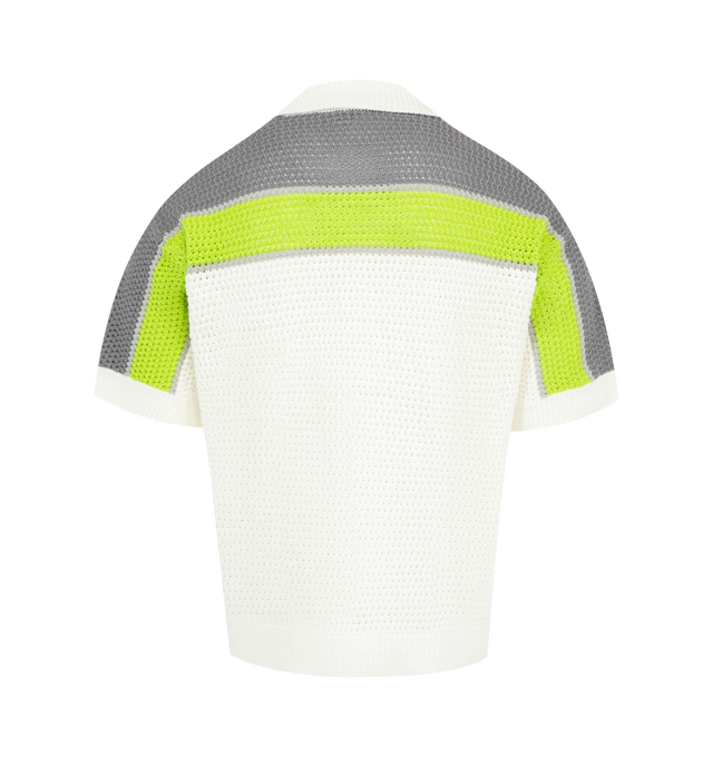 Image 2 of 2 - WHITE - CASABLANCA Stripe Crochet Shirt featuring warped logo and stripe detail across the shoulders, chest and sleeves, ribbed collar, cuffs and hem, front button closure, front patch pockets, signature gold rim pearl buttons and a relaxed silhouette. 100% cotton.