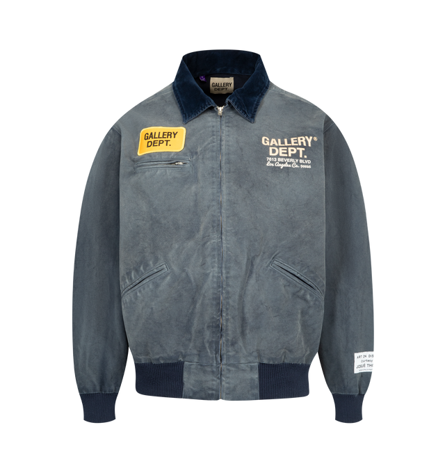 Image 1 of 3 - BLUE - GALLERY DEPT. Mechanic Bomber Jacket is crafted from cotton, faded and distressed to emulate authentic workwear featuring a relaxed fit, printed logos, appliqud patches, a cotton-corduroy collar and ribbed hem and cuffs. Cotton.
