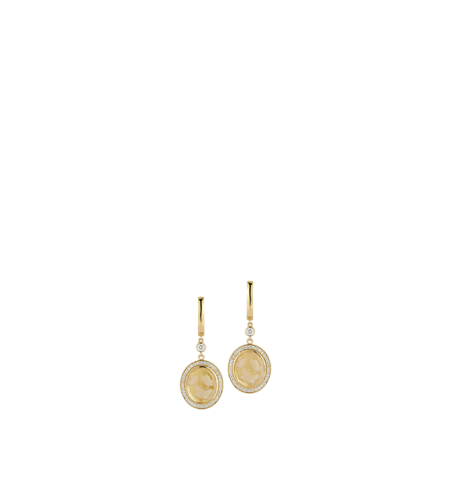 Image 1 of 2 - GOLD - Renna Women's Butterfly Caspian Earrings are crafted in 18K gold and feature faceted rock crystal backed with iridescent yellow mother-of-pearl, hand-carved butterfly detailing, and a sparkling diamond halo. These designer fine jewelry earrings combine exceptional craftsmanship with luminous elegance, finished with secure click closures for comfortable everyday wear. Main Material: 18K Gold. Gemstones: Yellow Mother-of-Pearl, Faceted Rock Crystal, Approximately 0.58 TCW Diamonds.For pe