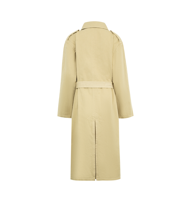 Image 2 of 3 - NEUTRAL - AURALEE Textured Chino Coat featuring chino cloth woven from slub yarns of crisp Zimbabwe cotton, oversized fit, unlined, below knee length, waist belt, single vent and button front. 100% cotton.