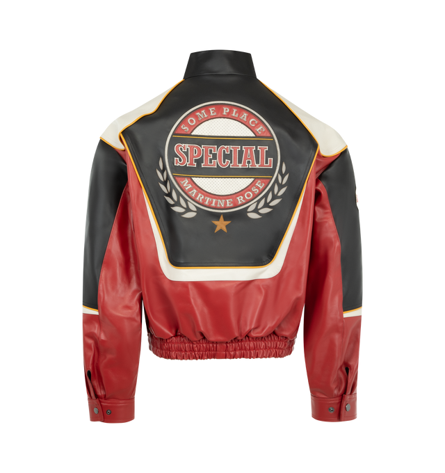 Image 2 of 3 - BLACK - MARTINE ROSE Superbowl Leather Jacket featuring all-over graphics, zip front closure, high neck, elastic hem and button cuffs. 100% calf leather. Made in Italy.