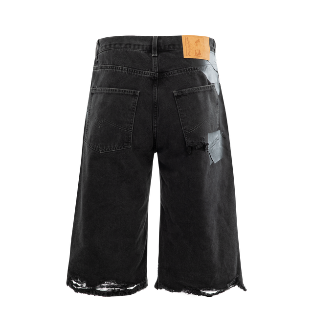 Image 2 of 3 - BLACK - MARTINE ROSE Wide leg jean shorts in washed black cotton denim with gaffer tape patches on the front and back, contrast stutching at the back pockets and branded label at the waist, 5 pockets, zip fly and front button fastening. 100% cotton. Unisex brand in men's sizing. 