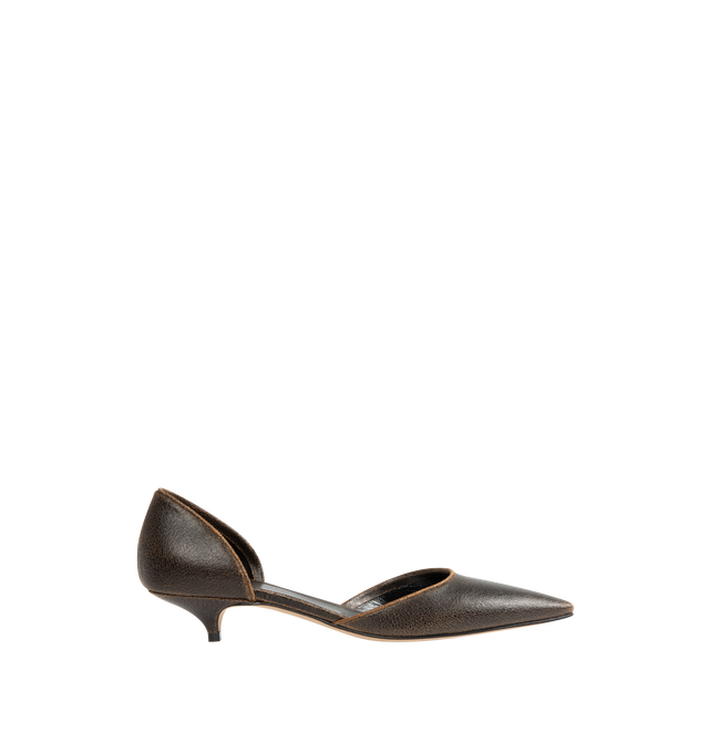 Image 1 of 4 - BROWN - THE ROW Liisa Kitten D'Orsay Heel in waxed calfskin suede with pointed toe and leather sole. 1.5 in. heel. 100% calfskin suede. Lined in 100% lambskin leather. Made in Italy.