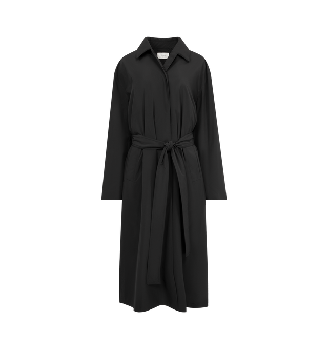 Image 1 of 3 - BLACK - THE ROW Morgen Coat featuring open collar, waist tie, below the knee length, pleated front and side slit pockets. Made in Italy.