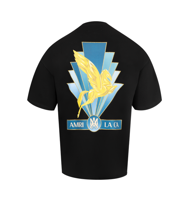 Image 2 of 2 - BLACK - AMIRI Pegasus T-shirt featuring cotton jersey, oversized fit, rib-knit crewneck, short sleeves, logo and text printed at chest and back and dropped shoulders. 100% cotton. Made in Italy.