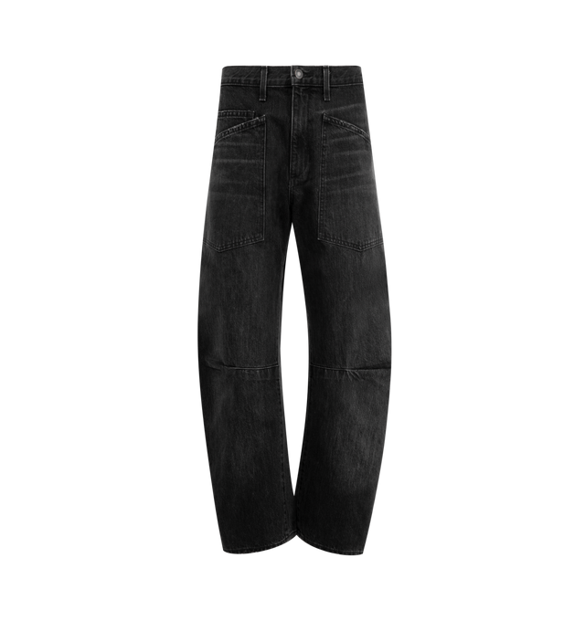 Image 1 of 3 - BLACK - NILI LOTAN Shon Jean featuring mid-rise, relaxed barrel denim, seam detail at knees, gusset at inseam, zip fly, shank closure, top-stitched front and back patch pockets and belt loops. 100% cotton. Made in USA.