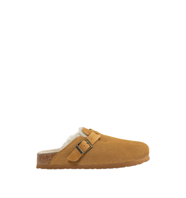 Image 1 of 4 - BROWN - BIRKENSTOCK Boston Teddy Shearling Clog featuring contoured footbed, embossed suede upper, genuine teddy shearling footbed lining, flexible EVA sole and adjustable strap with metal pin buckle. Made in Germany.
