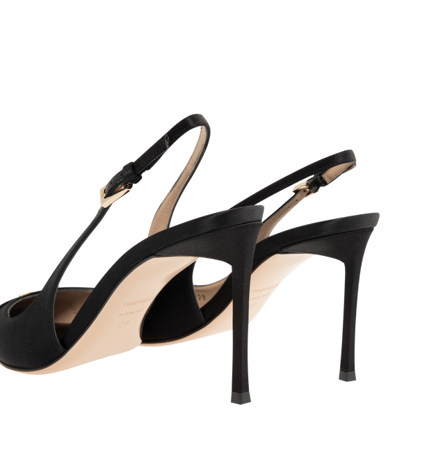 Image 3 of 4 - BLACK - Tom Ford Womens Thea Slingback Pumps are crafted from satin with Swarovski crystal embellishments. Feature a pointed toe with signature pale gold-tone T metal detail, adjustable slingback strap, stiletto heel, and leather sole. Heel Height: 8.5 cm. Main Material: 68% Viscose, 32% Silk; Embellishment: Swarovski Crystals; Sole: Leather. Made in Italy.
