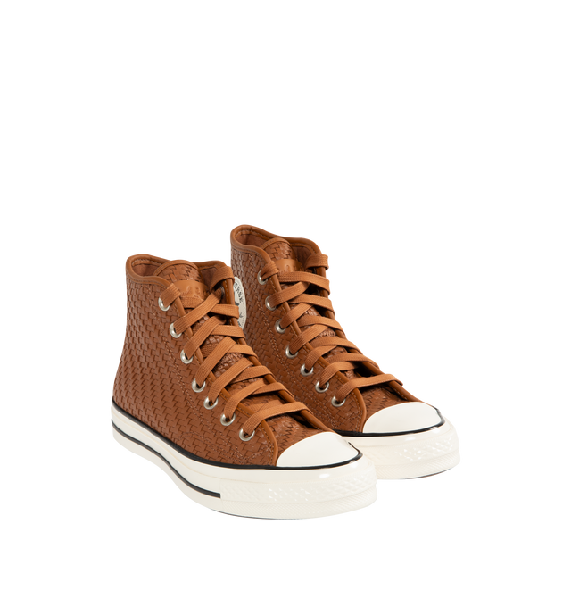 Image 2 of 5 - BROWN - CONVERSE Chuck 70 Woven Leather High Top Sneaker featuring premium woven leather upper, OrthoLite cushioning, varnished, off-white midsole and toe cap, tonal laces and signature leather Chuck Taylor ankle patch and classic All Star license plate.