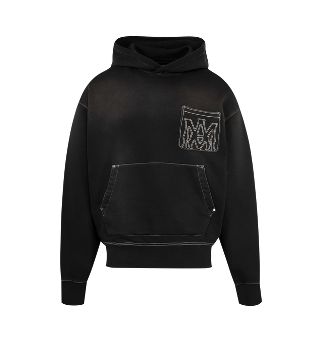 Image 1 of 2 - BLACK - AMIRI MA Hollywood Oversized Hoodie featuring oversized fit, french terry, fading throughout, distressed logo appliqu at chest, contrast stitching, kangaroo pocket, rib-knit hem and cuffs and dropped shoulders. 100% cotton. Made in Italy.