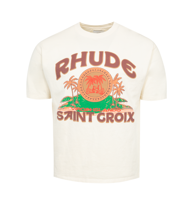 Image 1 of 2 - WHITE - RHUDE Rossa Tee featuring short sleeves, rib knit crewneck and logo graphic printed at chest. 100% cotton. 