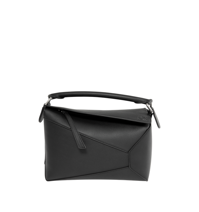 Image 1 of 3 - BLACK - LOEWE Small Puzzle Edge Bag in calfskin featuring geometric lines, cuboid form, overlapped panels with single stitch lines, shoulder, crossbody or hand carry, detachable and adjustable strap, zip closure with calfskin pull, one external zip rear pocket, one internal slip pocket, herringbone cotton canvas lining and embossed Anagram. Soft grained calf. 16.5 cm x 24 cm x 10.5 cm. Made in Spain.