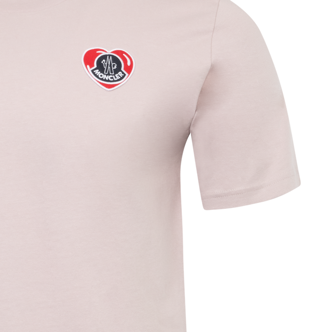 Image 2 of 2 - PINK - MONCLER Heart Logo T-Shirt featuring cotton jersey, crew neck, short sleeves and logo patch on the chest. 100% cotton. Made in Turkey. 