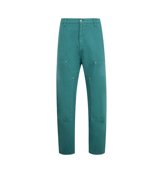 Image 1 of 3 - GREEN - CARHARTT WIP Walter Double Knee Pant featuring relaxed tapered fit, button and zip closure, multiple pocket styling, double layer knees and woven square label. 61% cotton, 39% linen.