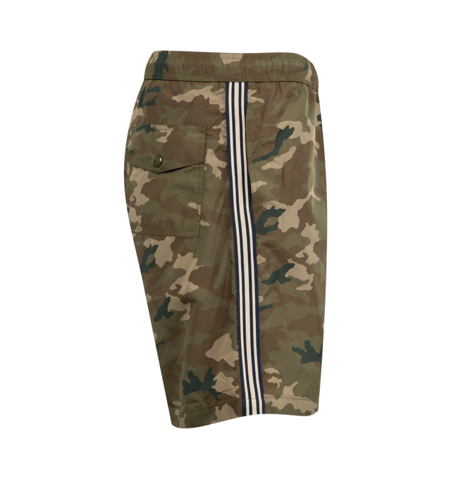Image 3 of 3 - GREEN - MONCLER Swim Trunks featuring mesh lining, elastic waistband with drawstring fastening, side pockets, back pockets with snap button closure, striped trim along the legs and logo patch. 100% polyester.
