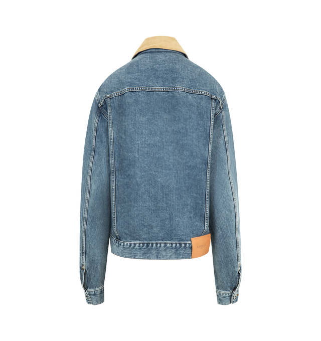 Image 2 of 3 - BLUE - JW ANDERSON Corduroy Collar Jacket featuring a corduroy contrast collar, twisted patch pocket, engraved metal shank buttons and a leather logo patch. 100% cotton. Made in Japan.