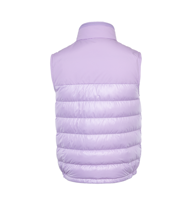 Image 2 of 5 - PURPLE - MONCLER Cerces Down Vest featuring stowaway hood at stand collar, two-way zip closure, felted logo patch at chest, zip pockets, elasticized hem, zip pocket at interior, fully lined and logo-engraved silver-tone hardware. 100% polyester. Fill: 90% duck down, 10% feathers. 