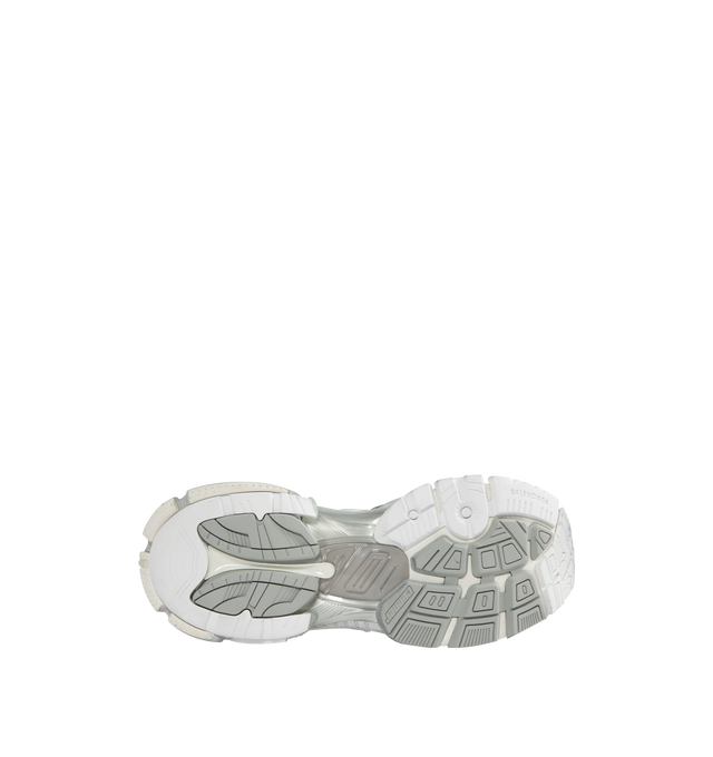 Image 4 of 5 - SILVER - Balenciaga Men's Runner 2.0 Sneaker in silver, grey, kaki and neon yellow mesh, polyurethane and polyester. Leather free style featuring worn-out effect, printed size at the edge of the toe, debossed size at back, runner logo printed on exterior, Balenciaga logo debossed on the tongue, and at the back of the heel, and back pull-on tab.