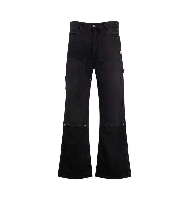 Image 1 of 4 - BLACK - Amiri Mens Lightweight Cotton Carpenter Jeans are crafted from cotton denim with lived-in washed and riveted front patches. Features a classic five-pocket construction, front patch panels, carpenter hammer loop, and zip-fly with button closure. Main Material: 100% Cotton. Made in Italy.