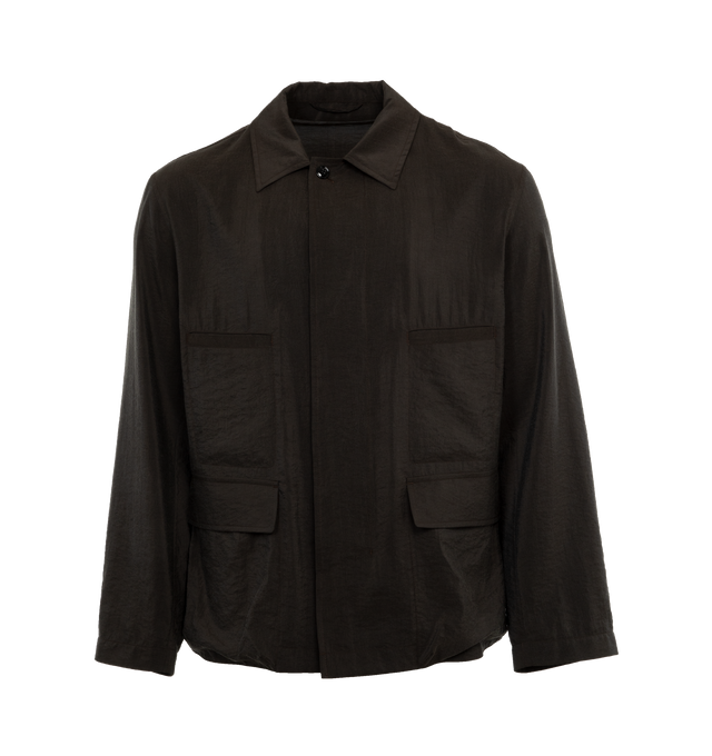 Image 1 of 3 - BROWN - LEMAIRE 4 Pocket Overshirt in Dry Silk featuring loose fit, corozo buttons, buttoned cuffs, two flap pockets and two piped pockets. 76% silk, 24% polyamide/nylon. 