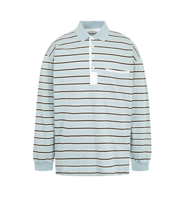 Image 1 of 2 - BLUE - Bottega Veneta Mens Striped Polo Sweater is crafted from premium cotton knit. Features a relaxed fit, long sleeves, ribbed collar and cuffs, button placket, chest pocket, and all-over striped pattern. Main Material: 100% Cotton. Made in Italy