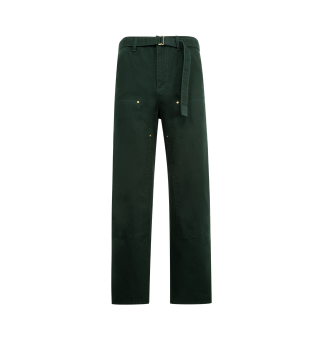 Image 1 of 3 - GREEN - SACAI X CARHARTT WIP Duck Cotton Pants featuring a cargo-inspired silhouette with double-knee, belted, side and back patch pockets, zip fly and button closure. 100% cotton. Made in Japan.