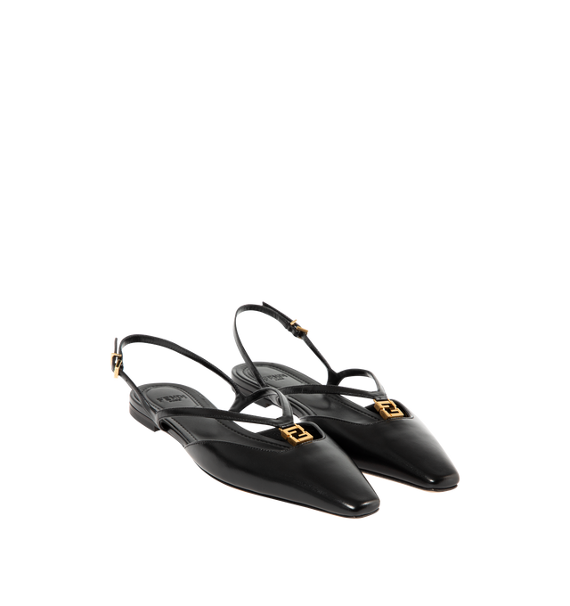 Image 2 of 4 - BLACK - FENDI Fold Slingback Flats featuring square toe, slingback straps, a metal FF detail and gold-finish metalware. 100% calf leather. Made in Italy.
