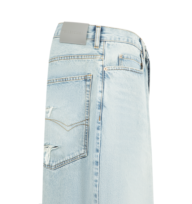Image 3 of 3 - BLUE - BALENCIAGA Stay Press Shorts featuring cotton denim, mid-rise waist shorts, worn-out details, covered zip fly, belt loops and five-pocket design. 100% cotton. Made in Japan.