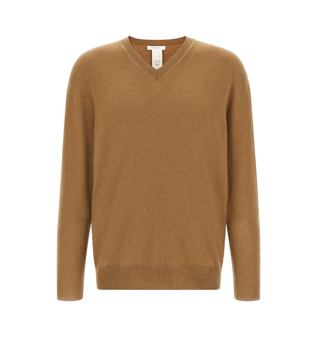 Image 1 of 2 - BROWN - THE ROW Numi Sweater featuring long-sleeved v-neck sweater in ultrasoft Japanese cashmere with oversized fit, seamless construction, and ribbed neckline, cuffs, and hem. 100% cashmere. Made in Italy.