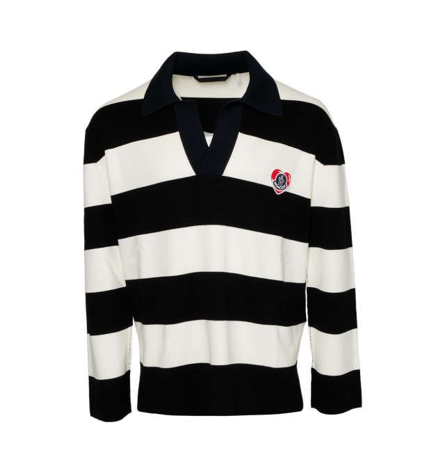 Image 1 of 2 - BLACK - MONCLER Stripes Polo featuring long sleeves, heart logo, polo collar and stripes. 100% cotton.  