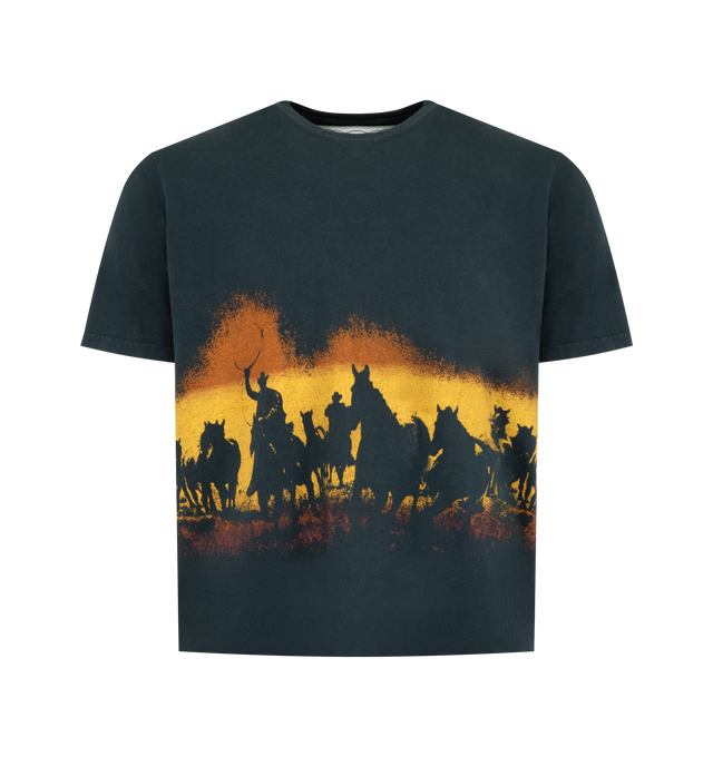 Image 1 of 2 - BLACK - ONE OF THESE DAYS Velvet Morning Tee featuring classic crewneck, short sleeves and graphic print of an evocative western landscape. 100% cotton.
