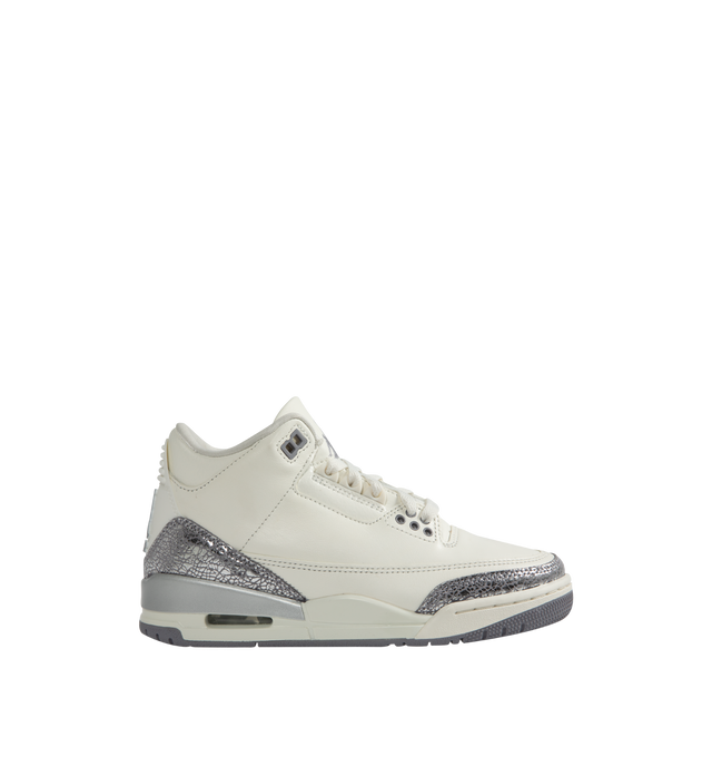 Image 1 of 5 - WHITE - JORDAN Air Jordan 3 Retro Sneaker featuring leather upper with rubber sole, lace-up front, embroidered Jumpman logo at padded tongue, padded collar with TPU pull-tab and debossed Jumpman logo at back counter.
