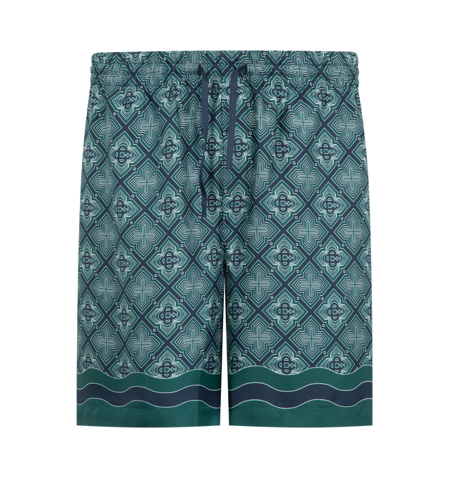 Image 1 of 3 - GREEN - Casablanca Men's Radiating Monogram Silk Shorts in relaxed design with an elasticised waistband with drawstring fastening, in-seam side pockets, a back pocket, and Memphis wave-inspired stripe detail on the hem and pocket. Designed to be worn with the coordinating silk shirt. 100% silk twill fabric. Made in Italy.