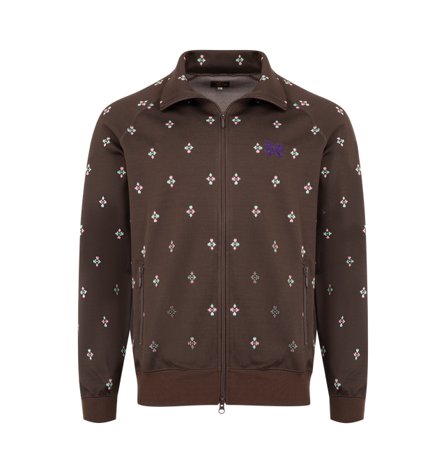 Image 1 of 3 - BROWN - NEEDLES Poly Jacquard Track Jacket featuring smooth poly jacquard, a relaxed silhouette, zip closure, the iconic butterfly logo and zipped pockets. 100% polyester. Made in Japan.