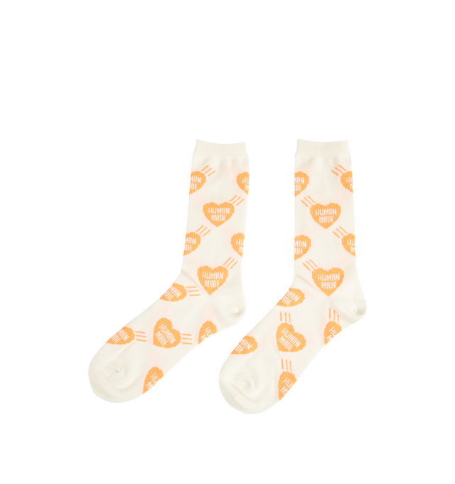 Image 2 of 2 - ORANGE - HUMAN MADE Heart Socks featuring mid-length, soft, comfortable cotton blend, all-over heart logo pattern and jacquard weave logo. 47% cotton, 20% nylon, 20% acrylic, 11% polyester, 2% spandex.