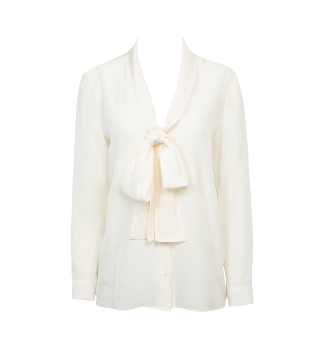 Image 1 of 3 - WHITE - NILI LOTAN ANGELIQUE TIE NECK BLOUSE featuring relaxed deep v, neck-tie blouse and exposed centerfront buttons. 100% silk. Made in USA. 