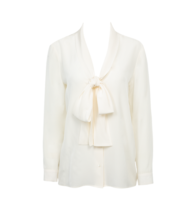 Image 1 of 3 - WHITE - NILI LOTAN ANGELIQUE TIE NECK BLOUSE featuring relaxed deep v, neck-tie blouse and exposed centerfront buttons. 100% silk. Made in USA.