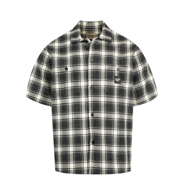 Image 1 of 2 - BLACK - GALLERY DEPT. Playground Shirt featuring checked wool and cotton blend, short sleeves, collar, button front closure, button chest pockets and boxy fit. 75% wool, 25% cotton.