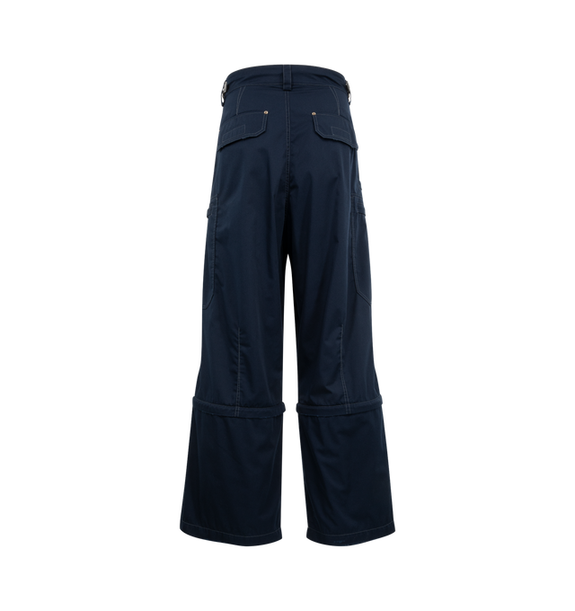 Image 2 of 3 - NAVY - BALENCIAGA Utility Work Pants featuring mixed cotton twill, covered zip fly, 5 belt loops, contrasting tabs and zipper pulls, 2 slash pockets at front, 2 small slash pocket at front, 2 zipped cargo pockets, 2 micro utility pockets at ankles, 2 patch pockets at back, 1 below the knee zip to remove pants bottom and Loop Sports Icon embroidey on left side pocket. 65% polyester, 35% cotton. Made in Italy.