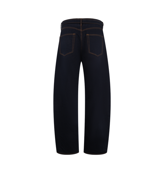 Image 2 of 3 - BLUE - Sacai Mens Dark Denim Pants are crafted from a dark wash denim cotton. Featuring a barrel-leg silhouette, belted waistband, zip fly with button closure, side pockets, and back welt pockets. Main Material: Cotton. Made in Japan.