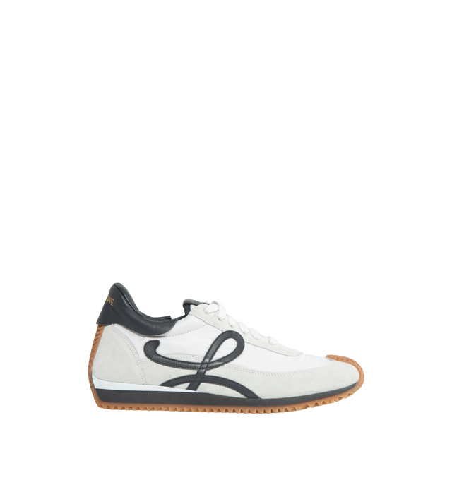 Image 1 of 8 - WHITE - LOEWE Flow Runner featuring an L monogram on the quarter, the textured honey-colored rubber outsole extends to the toe-cap and on to the back of the heel and gold embossed LOEWE logo on the backtab. Nylon/Suede. Made in Italy. 