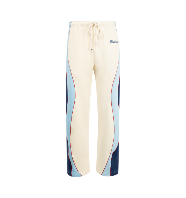 Image 1 of 3 - WHITE - NAHMIAS Ollie Sweatpants featuring elastic waist with drawstring, side pockets, two back welt pockets, logo on leg, stripes and piping down leg, loose fit and bungee cord at hem. 100% cotton.
