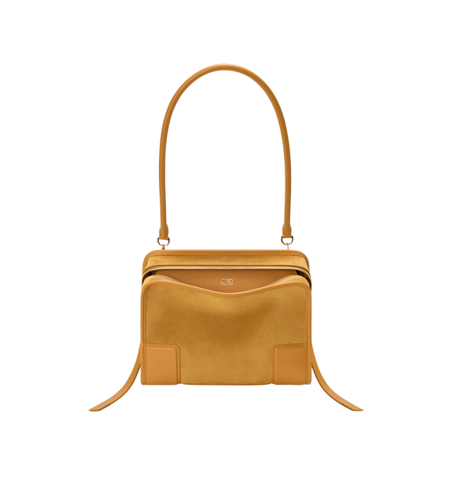 Image 10 of 16 - YELLOW - Loewe Women's Amazona 180 Medium Bag is crafted from suede and calf leather and features a relaxed silhouette with a single toron top handle, a concealed magnetic closure, and removable shoulder and crossbody straps. Designed with two compartments, an internal flat pocket, and a side D-ring for personalization, this versatile style can be carried by hand, over the shoulder, or crossbody. Suede lining and embossed LOEWE branding complete the design. Main Material: Suede/Calf Leather