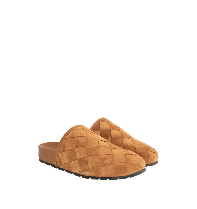 Image 2 of 4 - BROWN - BOTTEGA VENETA Reggie Intrecciato Suede Mules featuring padded Intrecciato suede with an ergonomic leather insole, round toe, slips on, suede upper, leather lining and rubber sole. Made in Italy. 