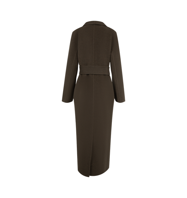 Image 2 of 3 - BROWN - Khaite Women's Wrap Coat is crafted from double-face wool and features an elongated wrap silhouette with a high stand collar, raglan sleeves, and a self-tie sash belt for a refined, architectural look. This designer wool coat combines exceptional craftsmanship with seasonless versatility, while the double-faced construction creates a clean, sculptural finish ideal for elevated everyday layering. Main Material: 100% Double-Face Wool.