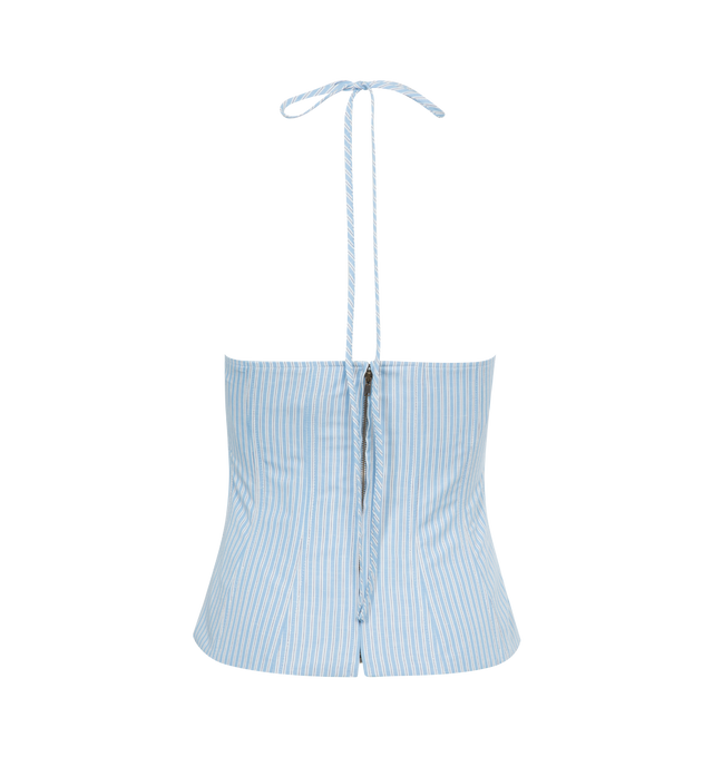 Image 2 of 2 - BLUE - ROSIE ASSOULIN Bustier halter top made from a cotton-linen blend featuring ruched cups and a low V-neckline. . 67% Cotton, 33% Linen. Made in United States of America. 