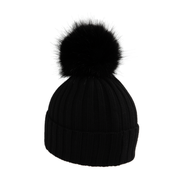 Image 2 of 2 - BLACK - MONCLER Wool Beanie featuring ultra-fine Merino wool, faux fur pom pom, rib knit and Gauge 5. 100% virgin wool. Made in Bulgaria. 