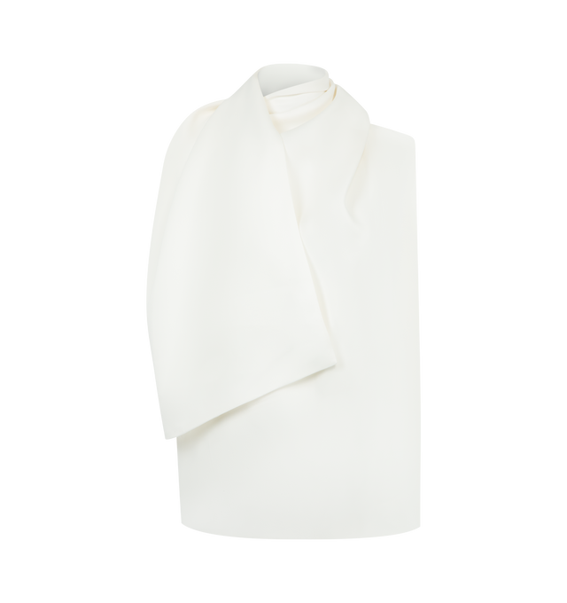 Image 1 of 2 - WHITE - KHAITE Loe Top featuring a fluid yet refined top in bonded crepe satin, dense, sculptural sheen, draped stand collar formed by scarf detail that wraps to swing over the shoulder, slips on with button closure at back neckline. 83% acetate, 17% viscose.