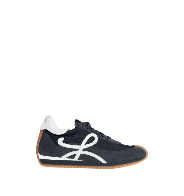 Image 1 of 5 - NAVY - LOEWE Flow Runner featuring gold LOEWE logo, lace up sneaker, rubber wavy sole, embossed Anagram on tongue and L monogram on the side. Nylon/suede. Made in Italy. 