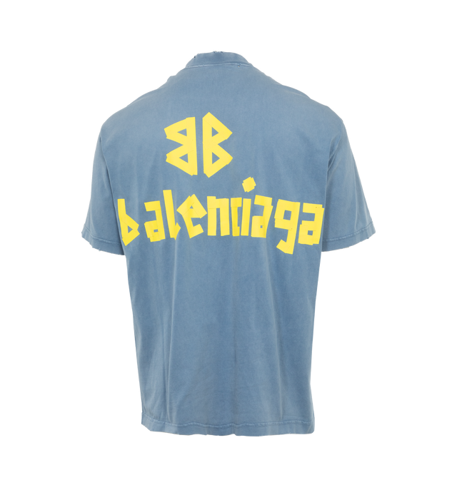 Image 2 of 4 - BLUE - BALENCIAGA Tape Type T-Shirt Medium Fit featuring vintage jersey, crewneck, short sleeves, tape Type logo at front and back and worn-out and washed-out effect. 100% cotton. Made in Portugal. 